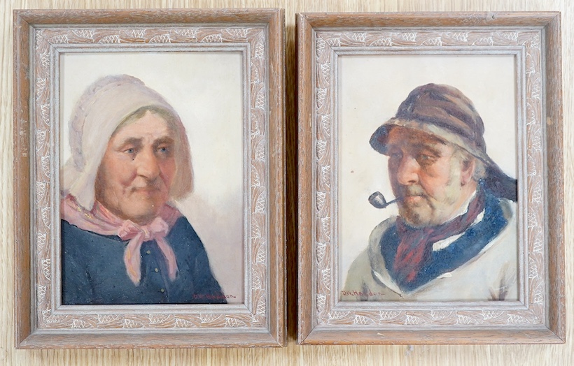 David W. Haddon (Newlyn school, 1884-1911), pair of oils on board, Portraits of an elderly lady and gentleman, each signed, 19 x 13.5cm, housed in carved wood frames. Condition - good